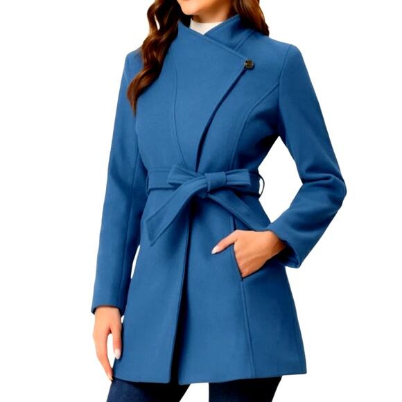 Allegra K Turquoise Blue Belted Single Breasted Trench Coat Mid Length S Chic - Picture 12 of 13
